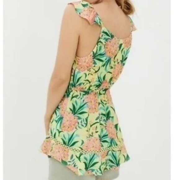 Farm Rio For Anthropologie Yellow Floral Ruffled Tank Button Front Top Large - Picture 2 of 11